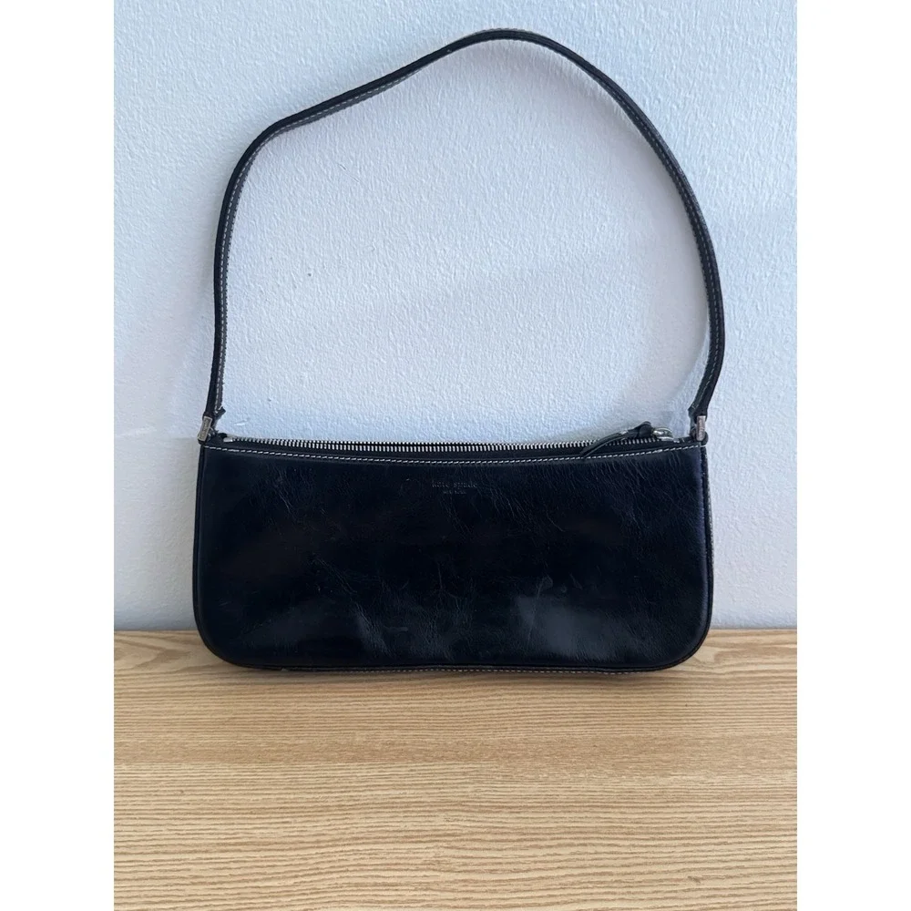 1990s Kate Spade New York Black‎ Leather Baguette Made in Italy